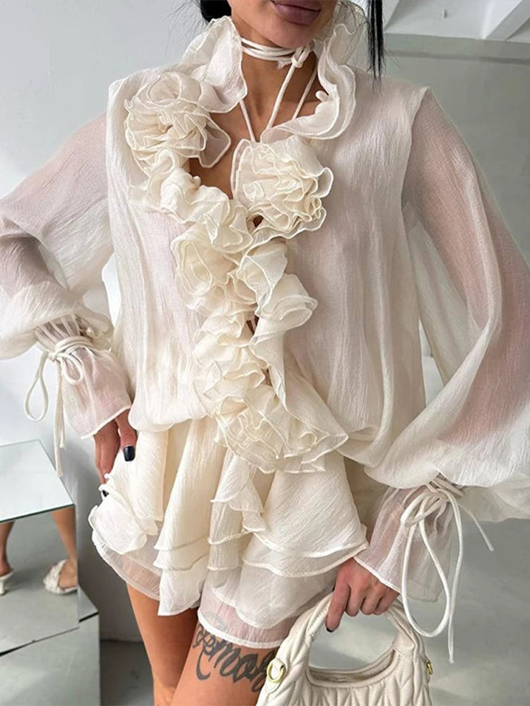 LIZAKOSHT  -  Ruffle Women's Shirt Shorts Sets 3D Flower V-neck Lace Up Long Sleeve Top Elastic Waist Short Pants two pieces set Lady Suits