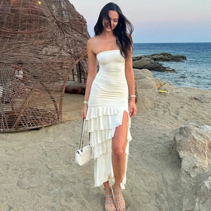 LIZAKOSHT  -  Ruffled Fashion Bandeau Maxi Dress For Women High Waist Slim Backless Patchwork Summer New Dress Female Bodycon Dress