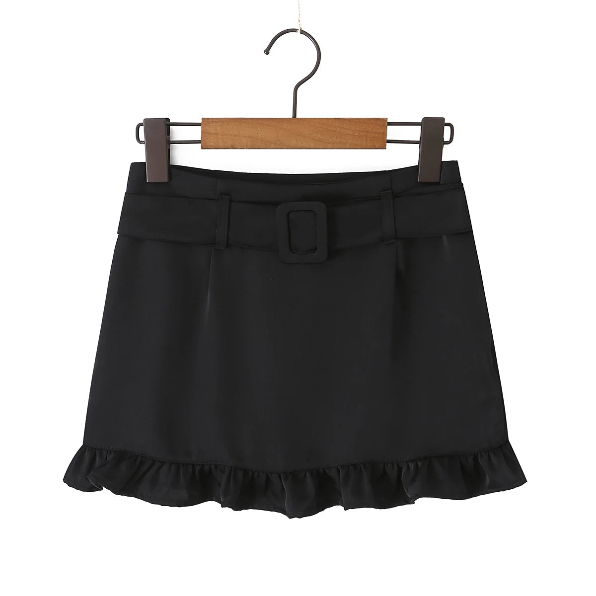 LIZAKOSHT  -  Sexy With Sashes Zipper Waist Satin Skirt With short lining Women Ruffles Hem A-line Package Hips Short Skater Bottom Black Pink