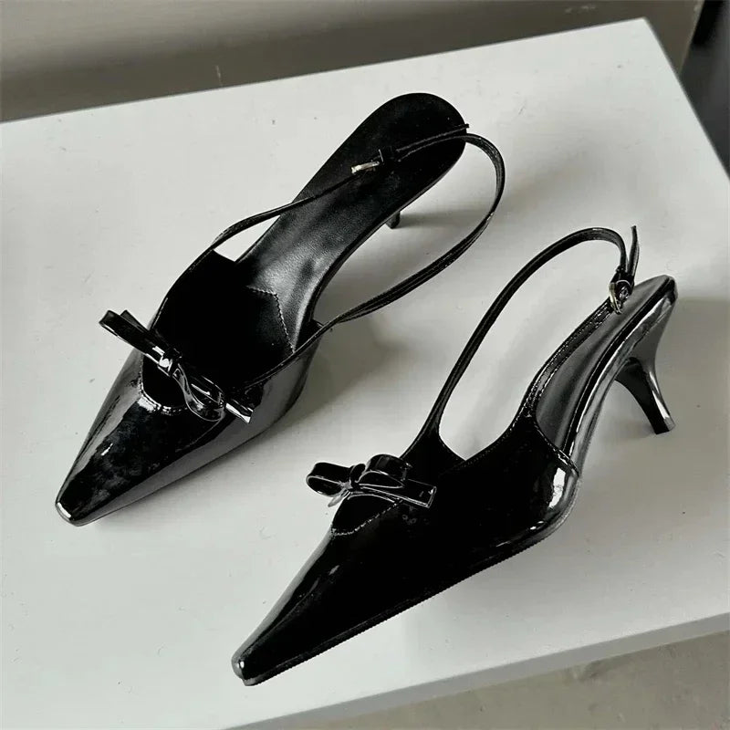 LIZAKOSHT  -  Patent Leather Bow Sandals Women Pumps Pointed Toe Low Heel Slingback Shoe Ladies Shallow Fashion Elegant High Heels Dress Shoes