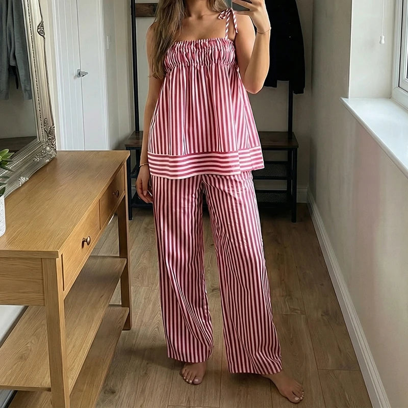 LIZAKOSHT  -  Women Summer Striped 2 Piece Outfits Casual Sleeveless Tie Strap Babydoll Tank Top Pants Sets Sleepwear Y2K Lounge Matching Suit