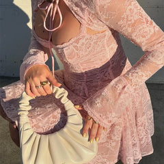 LIZAKOSHT  -  Lace Print Flare Long Sleeve Shawl Elegant Mini Dresses Sexy Pleated Bodycon Dress Evening Party Fall Y2K 2 Piece Sets