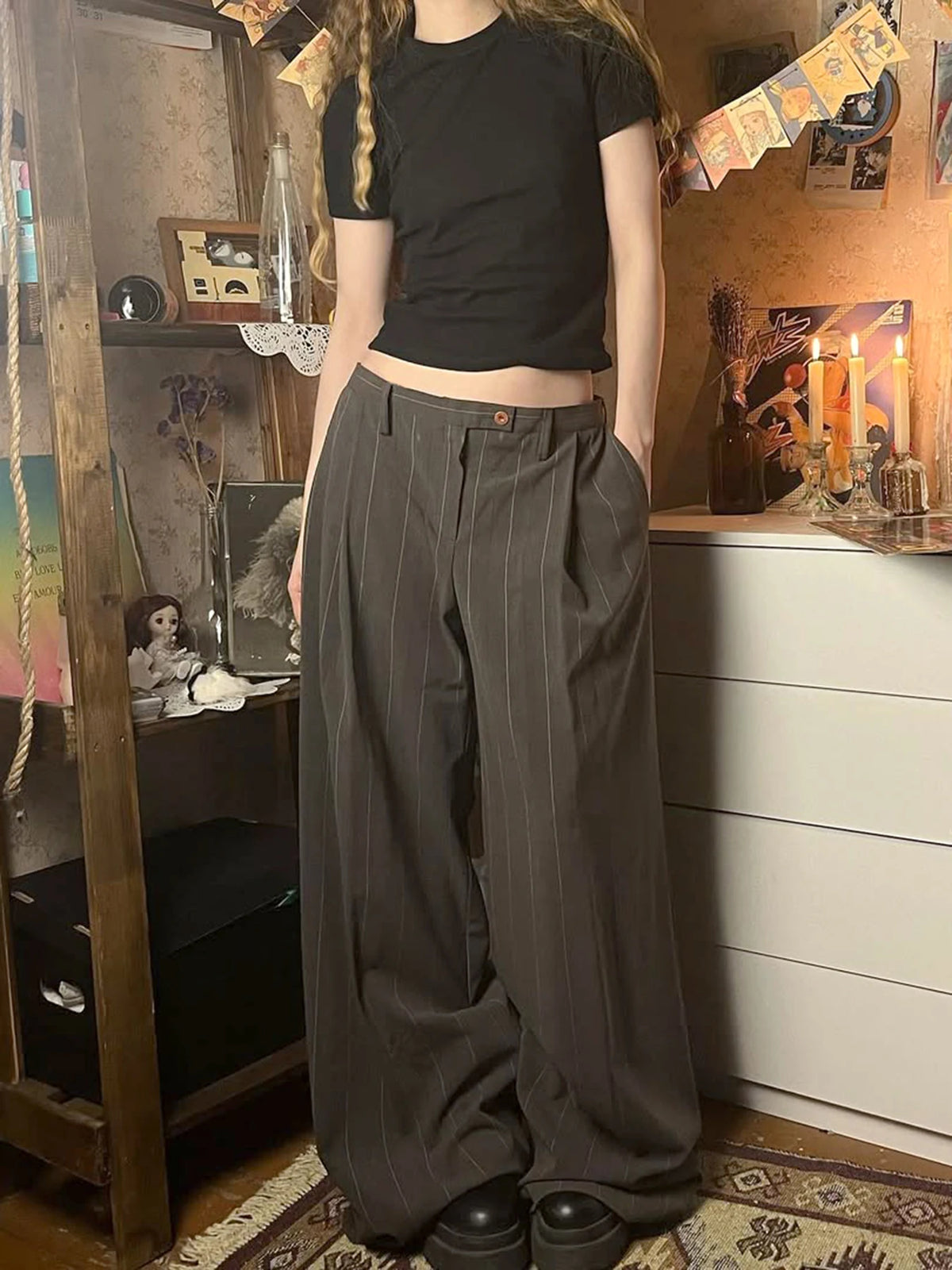 LIZAKOSHT  -  Harajuku Low Rise Suit-pants Women Vintage 2000s Loose Striped Print Casual Pants Korean Fashion Streetwear Trousers y2k