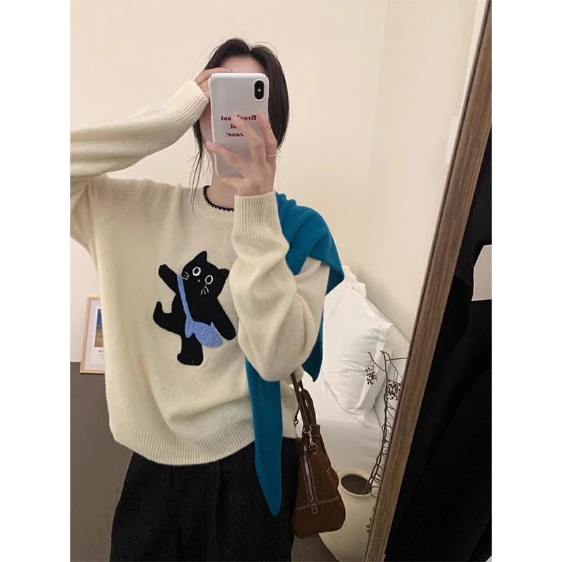 LIZAKOSHT  -  Cartoon Cat Sweater Women Kawaii Cute Print Knitted Pullovers Harajuku Korean Long Sleeve Knitwear Winter Red Jumpers New