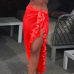 LIZAKOSHT  -  Sweet Ruffls Slit Beach Bikini Cover Up Sexy Transparent Chiffon One Piece Wrap Scarf Swimwear Solid Color All Match Long Skirts