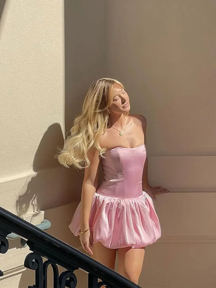 LIZAKOSHT  -  Elegant Pink Strapless Women Mini Dress Fashion Backless Sleeveless Pleated Hem Dresses 2024 Summer Lady Slim Party A-line Robes
