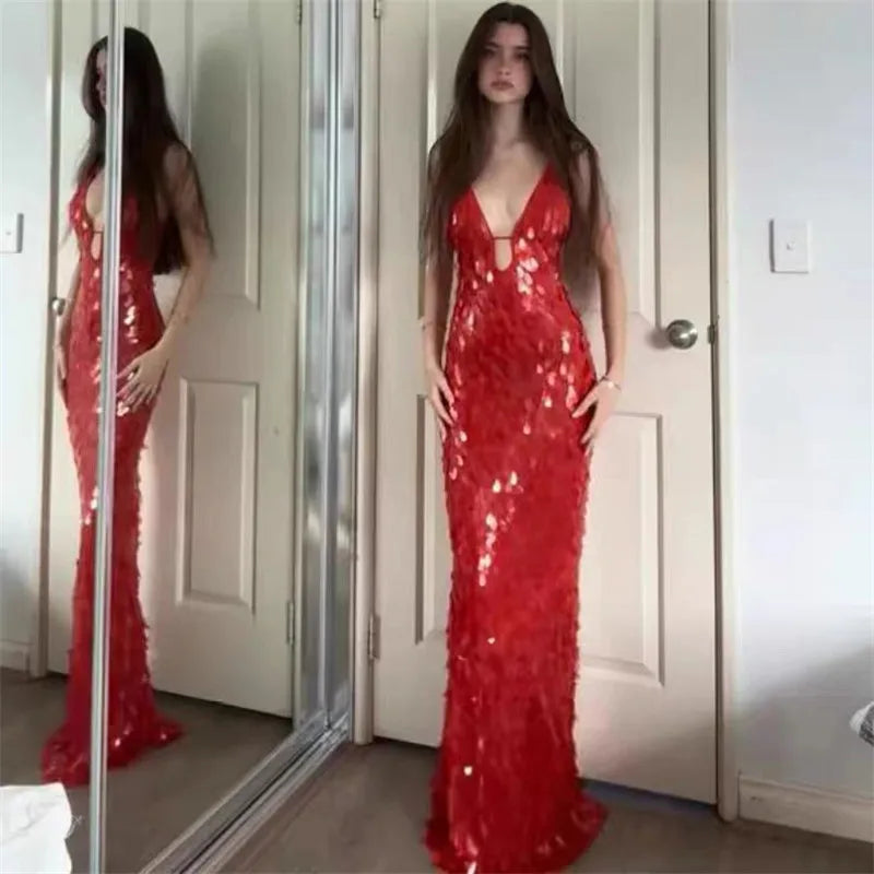 LIZAKOSHT  -  Glitter Sequins Spaghetti Straps Women's Long Maxi Dress Sleeveless Backless High Waist Sexy Evening Birthday Party Gown
