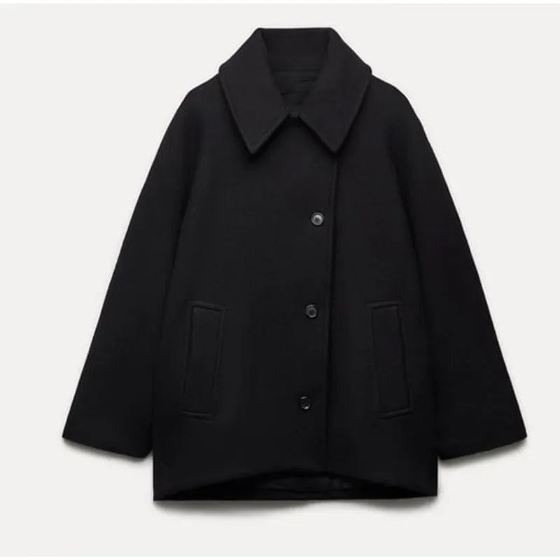 LIZAKOSHT  -  Bat-Sleeve Woolen Coat Black Lapel Single Breasted Casual Loose Thicken Wool Short Overcoat French Winter Women's Outwear Top