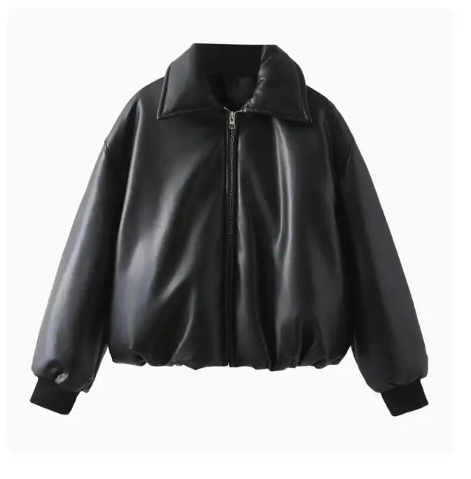 LIZAKOSHT  -  Casual Pu Leather Jackets Women Loose Zipper Lapel Long Sleeves Coats Female Autumn Winter Parkas Streetwears Lady