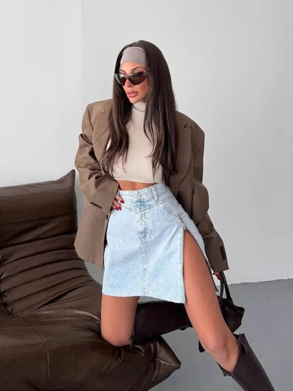 LIZAKOSHT  -  Women's Asymmetrical Zipper Denim Skirt High Waist A-Line Skirt Slim Fit Spring Summer Ladies Skirts