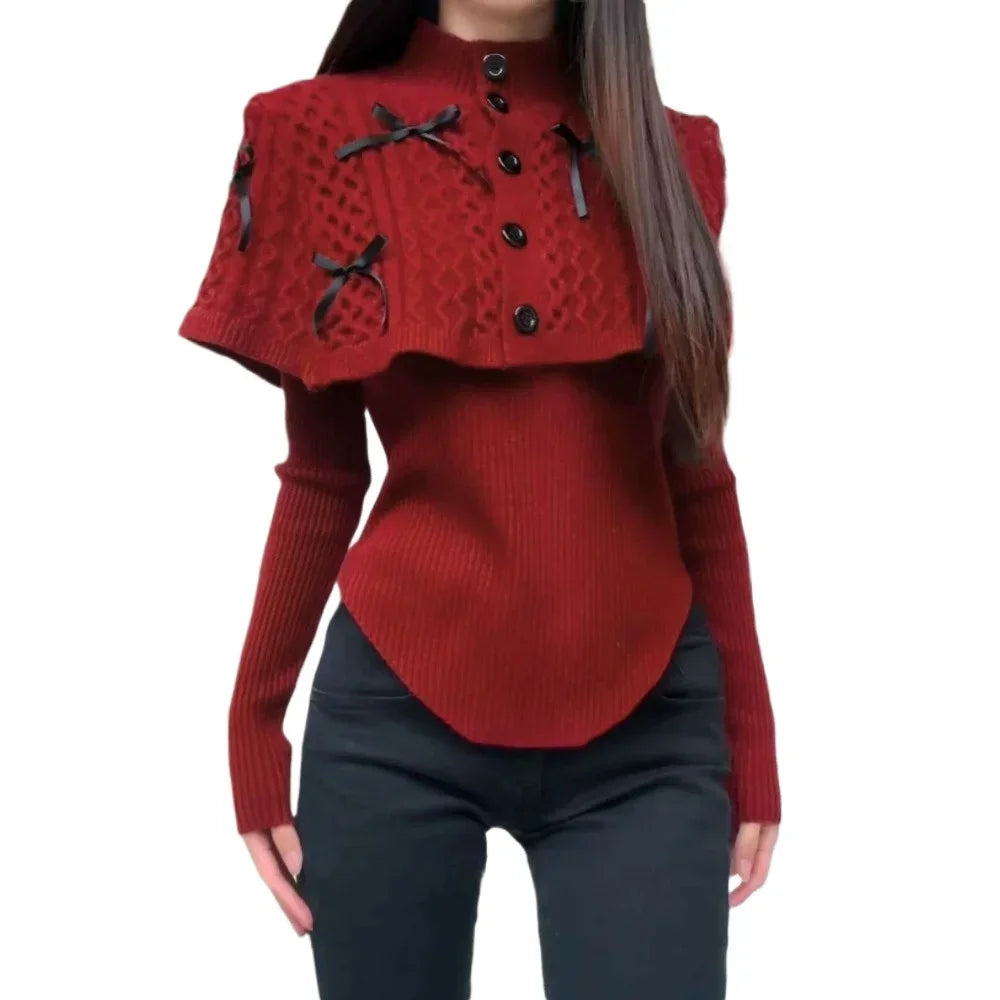 LIZAKOSHT  -  Autumn Winter Coats 2-piece Set Black Red Turtleneck Sweater Slim Knit Pullover Women Clothing Trend Design Skinny Tops Shawl
