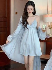 LIZAKOSHT -  Women Sexy Spaghetti Strap Nightgowns Sleeping Dress Spring Autumn Elegant Silk French Fairy Morning Robe Home Two Piece Sets