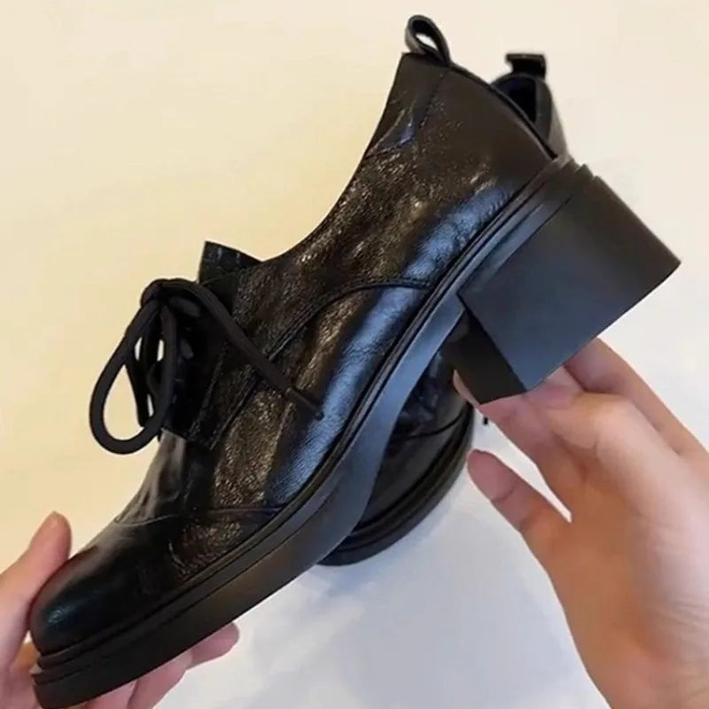 LIZAKOSHT  -  Shoes Women's British Style Retro Soft Leather Round Toe Lace Up Loafers for Commuting Versatile Thick Heeled Leather Shoes