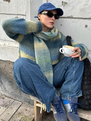 Lizakosht Round Neck Srtipe Contrast Wool Blend Sweater Women Long Sleeve Warm Pullover Top 2024 New Fashion Female High Street Jumpers