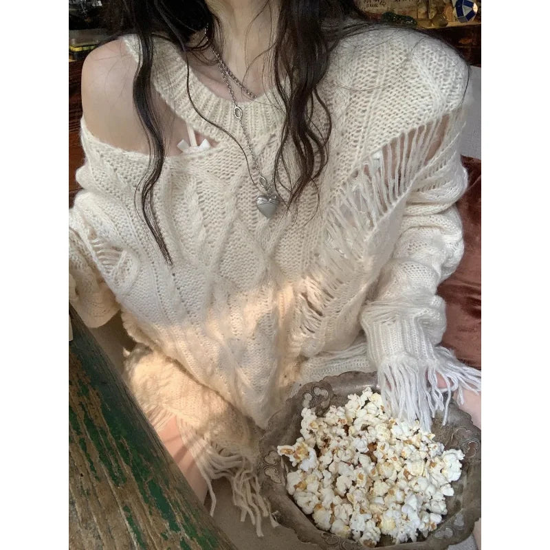 LIZAKOSHT  -  Y2k Vintage Beige Knit Sweater Women Grunge Harajuku Irregular Off Shoulder Jerseys Hollow Out Hippie Streetwear Jumper
