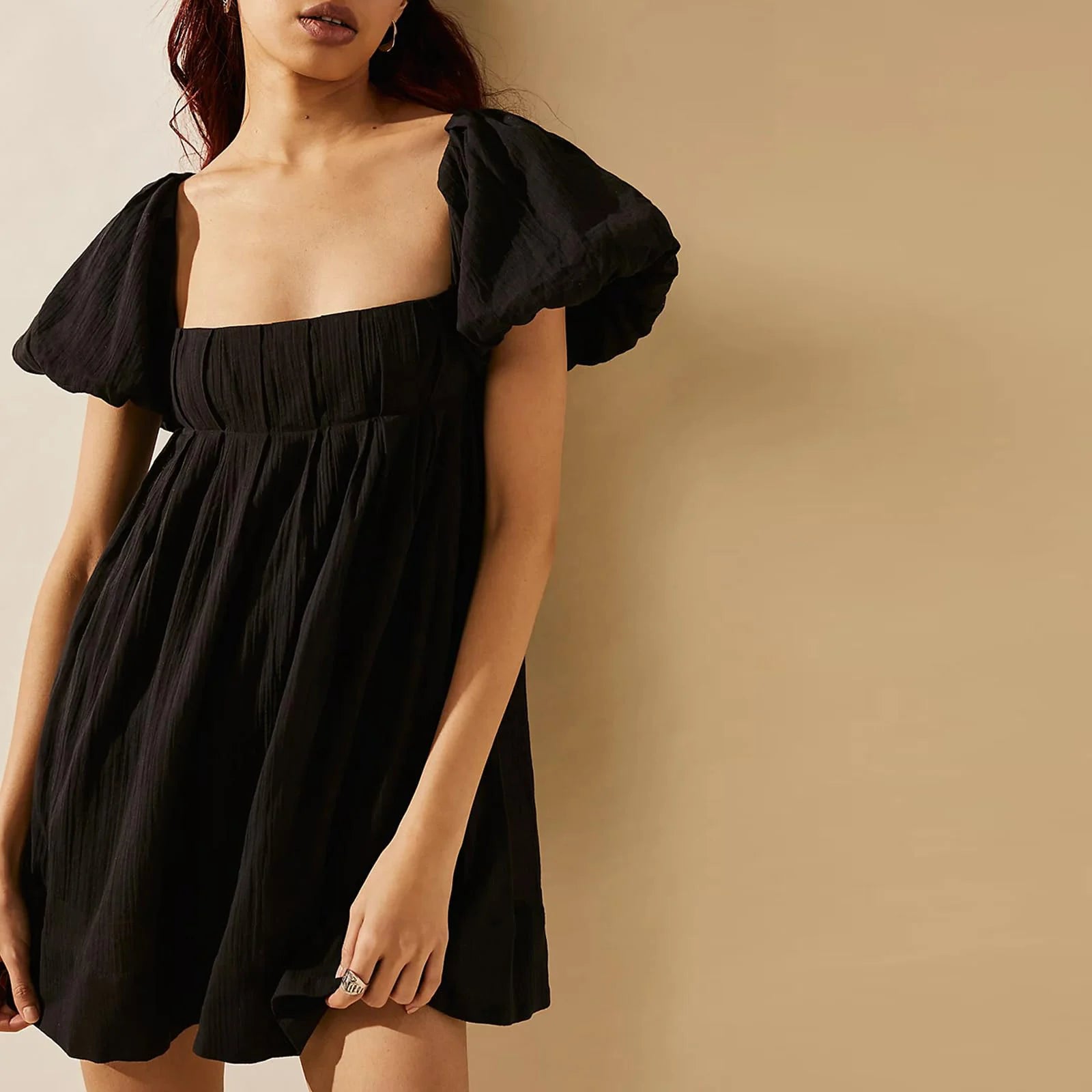 LIZAKOSHT  -  Women Y2k Puff Sleeve Babydoll Short Dress Square Neck Tie Back Mini Dress Flowy Solid Color Summer Vacation Dres