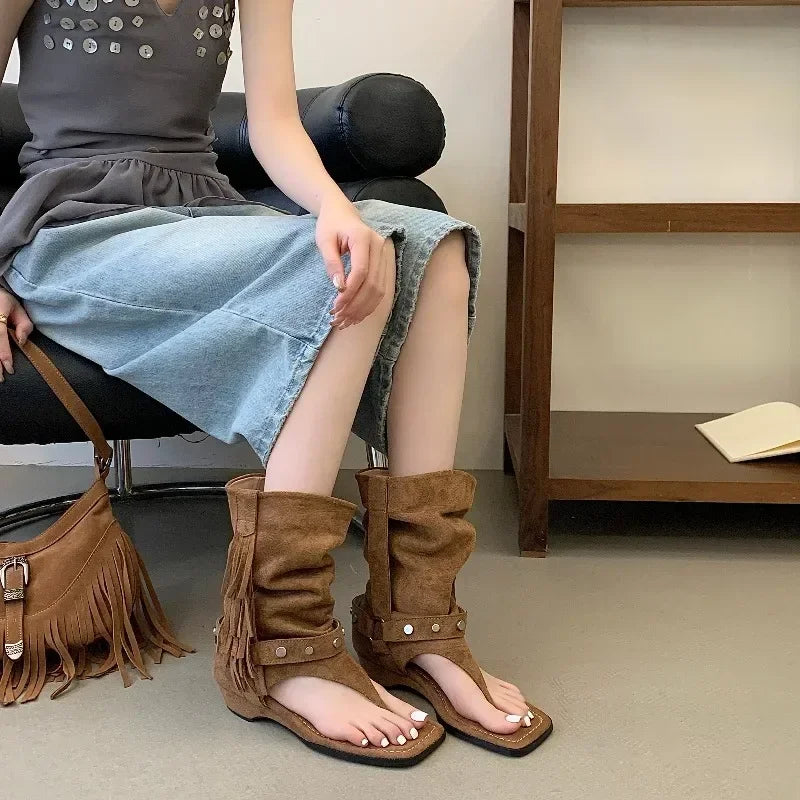 LIZAKOSHT  -  Fashion Vintage Comfortable Low Heels Tassel Rivet Square Clip Toe Women Ankle Boots Sandals Casual Banquet Shoes