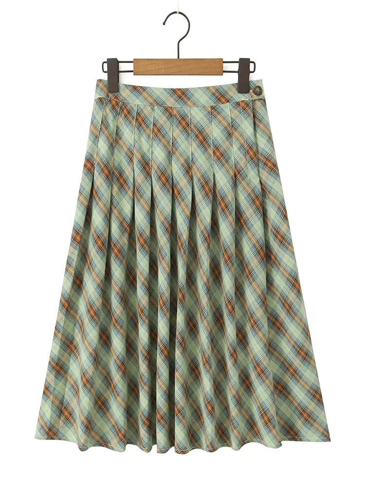 LIZAKOSHT Gingham Printed Vintage Women Skirt Pleated Midi New Autumn Winter Skirt Falda Mujer England Style Plaid Skirt