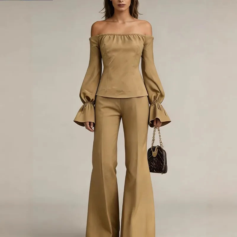 LIZAKOSHT  -  2026 New Bubble Sleeve Temperament Off-the-shoulder One-word Collar Fashion Women's Top Wide-leg Pants Two-piece Set