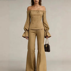 LIZAKOSHT  -  2026 New Bubble Sleeve Temperament Off-the-shoulder One-word Collar Fashion Women's Top Wide-leg Pants Two-piece Set