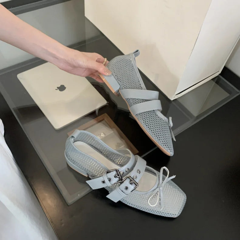 LIZAKOSHT  -  Summer Designer Mesh Women Ballet Shoes Fashion Butterfly-Knot Shoes SQUARE BUCKLE Beach Roman Sandals