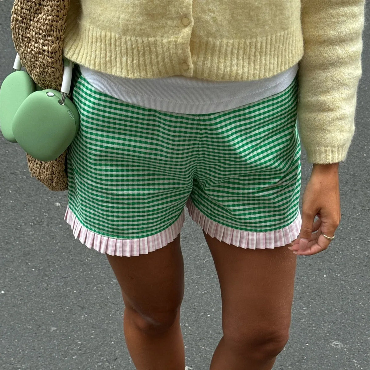 LIZAKOSHT  -  Y2K Women’s Ruffle Hem Boxer Shorts Cute Elastic High Waist Plaid Print Loose Shorts Summer Going Out Trousers
