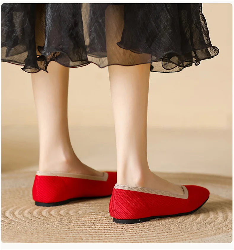 LIZAKOSHT  -  Women Spring Summer Comfort Fashion Knitting Fly Line Flat Shoes Luxury Shallow Mouth Square Toe Soft Sole Single Shoes