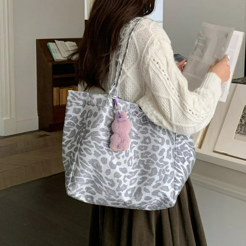 LIZAKOSHT  -  Silver Leopard Print Canvas Leisure Tote Bag Large Capacity Commuter Shoulder Bag Fashion Simple and Lightweight Storage Bags