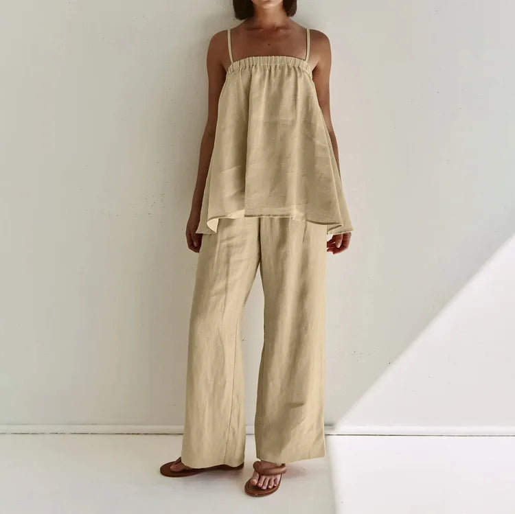 LIZAKOSHT  -  Casual Cotton Women Solid Color 2 Piece Set Outfit Spring Spaghetti Strap Loose Top and High Waist Straight Trousers Female Set