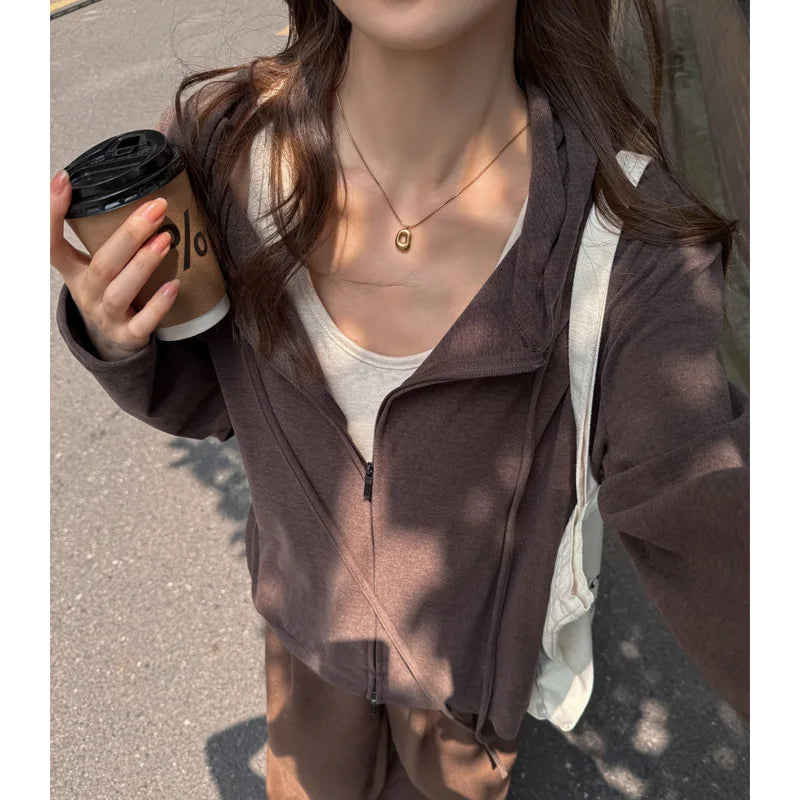 LIZAKOSHT  -  Zip Up Solid Drawstring Hoodie Sweatshirts Double Zip Women Autumn Pockets Oversized Outerwear Sporty Korean Sweatshirts Coat