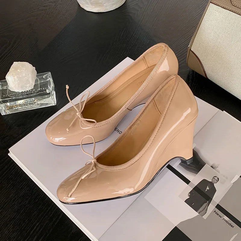 LIZAKOSHT  -  Fashion Pumps New High Quality Genuine Leather Shoes Butterfly Bow Round Head Slope Heels High Heels Women's Heels Shoes