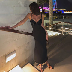 LIZAKOSHT  -  Women's New Fashionable and Elegant Sleeveless Strap with sequins Splicing Waist cinching and slimming Dress