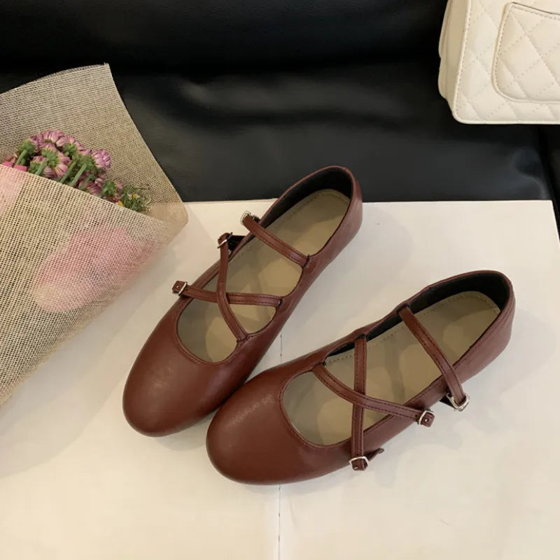 LIZAKOSHT  -  Spring New Women Mary Jane Flat Shoes Fashion Round Toe Slip On Footwear Ladies Elegant Cross Belt Ballet Shoes