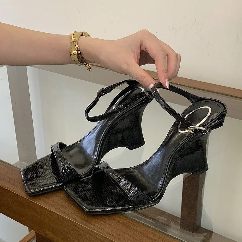 LIZAKOSHT  -  Summer Fashion Square Toe Buckle Strap Women Slippers Street Style Design Wedges High Heels Party Shoes