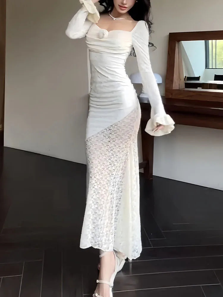 Lizakosht Lace Long Dresses Women French Elegant Square Collar Mermaid Dress Female Long Sleeve Off Shoulder Bodycon Evening Party Dresses