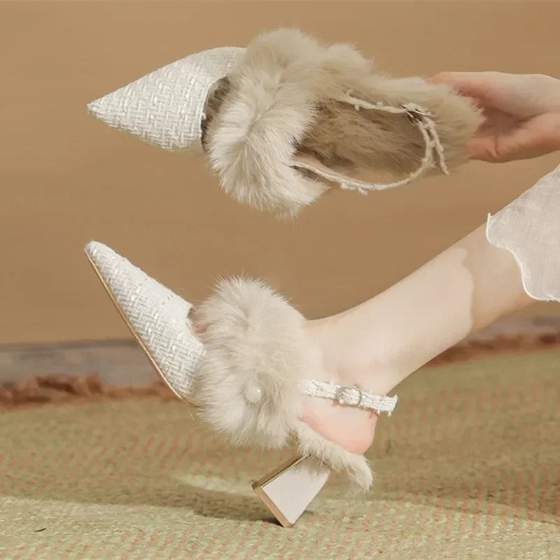 LIZAKOSHT  -  Fashion Winter Furry Warm Sandals Women 2025 Sexy Pointed Toe Chunky Heel Women Pumps Luxury Brand Design Elegant High Heels