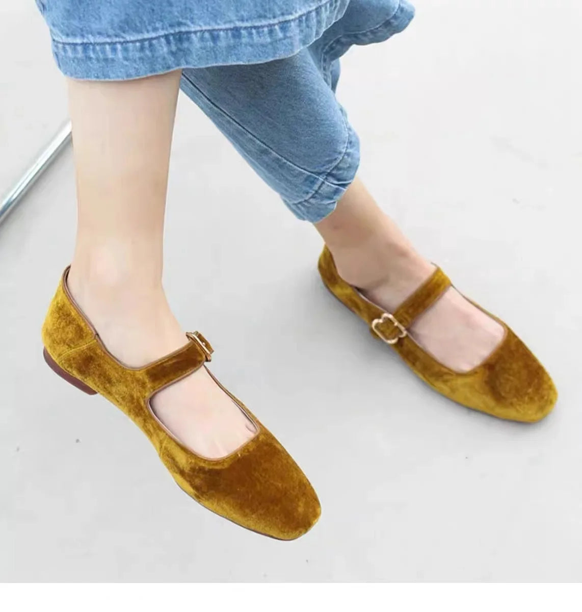 LIZAKOSHT -  Designer Women Velvet Mary Janes Belt Strap Shoes Ladies Square Toe Flats Ballerina Dress Barefoot Loafers Brides Ballets Femmes