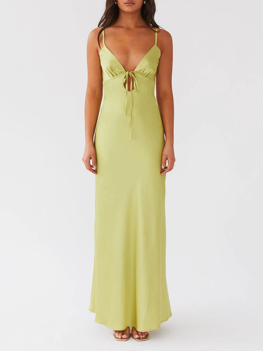 LIZAKOSHT  -  Women Cami Dress Solid Color Sleeveless Tie-Up Front Sleeveless Backless Dress Long Dress Summer Casual Spaghetti Strap Dress