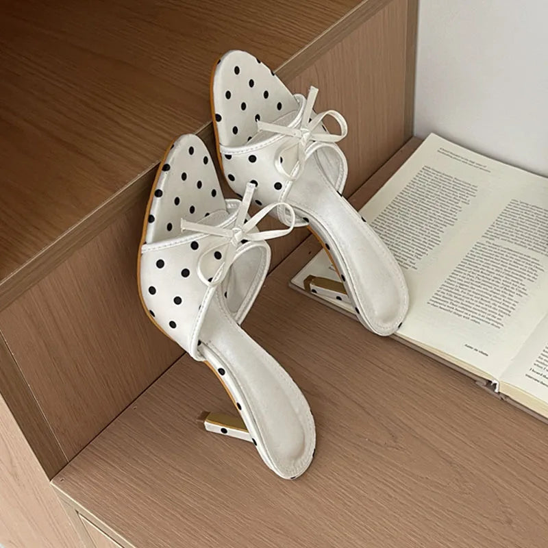 LIZAKOSHT  -  High Quality Silk Butterfly-kont Polka Dot Thin Heels Women Slippers Fashion Summer Party Dress Slide Shoes
