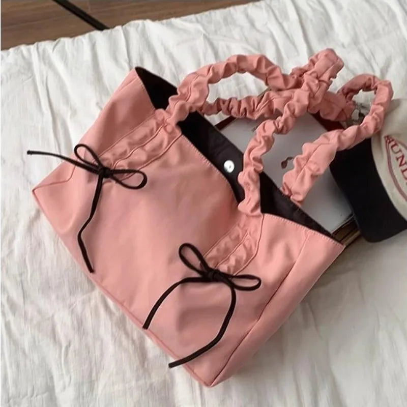 LIZAKOSHT  -  Pink Pleated Womens Tote Bag Nylon Sweet Elegant Gentle Literary Casual Shoulder Bag Aesthetic New Korean Fashion Handbag