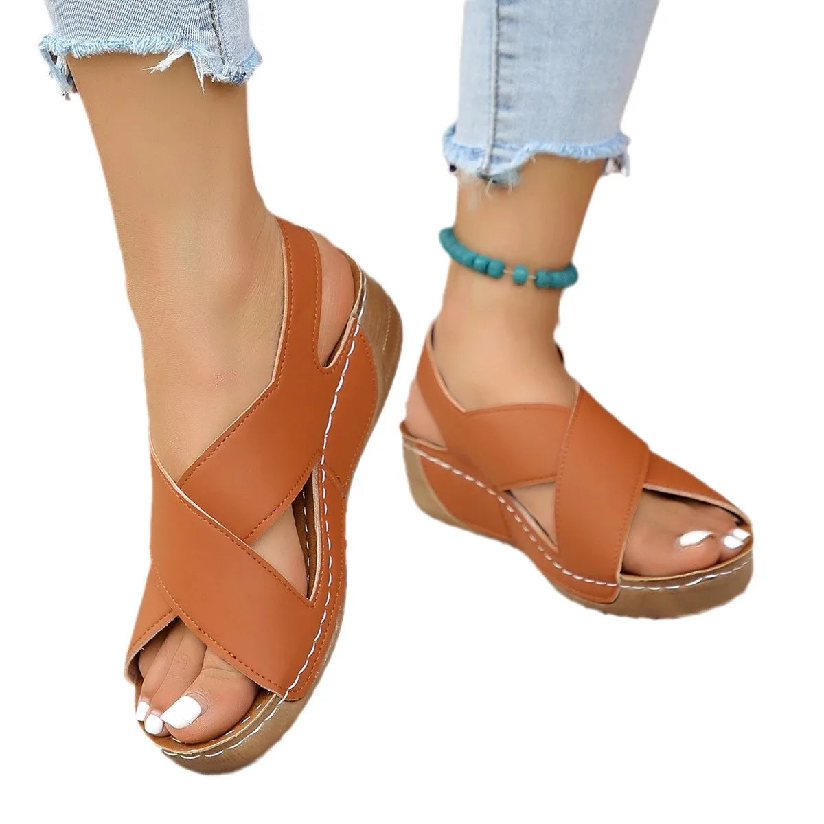 LIZAKOSHT  -  Clogs With Heel Low Sandals Woman Leather Large Size Summer Beach Shoes Open Toe Muffins shoe Suit Female Beige Thick Low-h