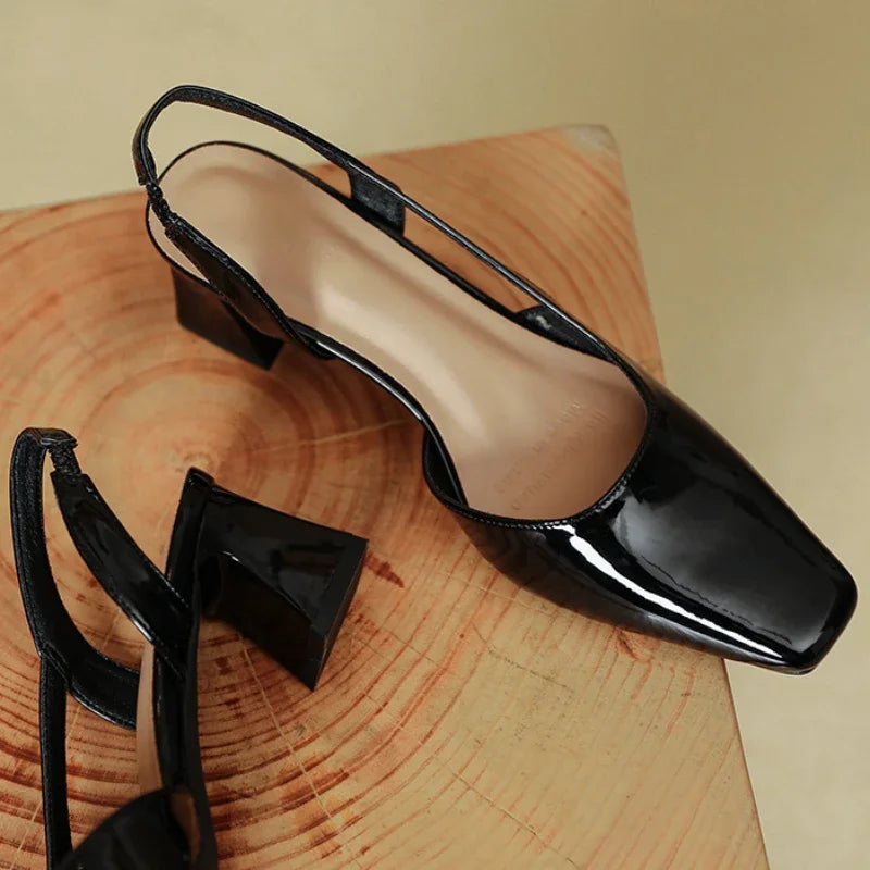 LIZAKOSHT  -  Patent Leather Chunky Sandals Women Square Toe Pumps Elegant Office Women Shoes Comfort Leisure Fashion High Heels Sandals Women