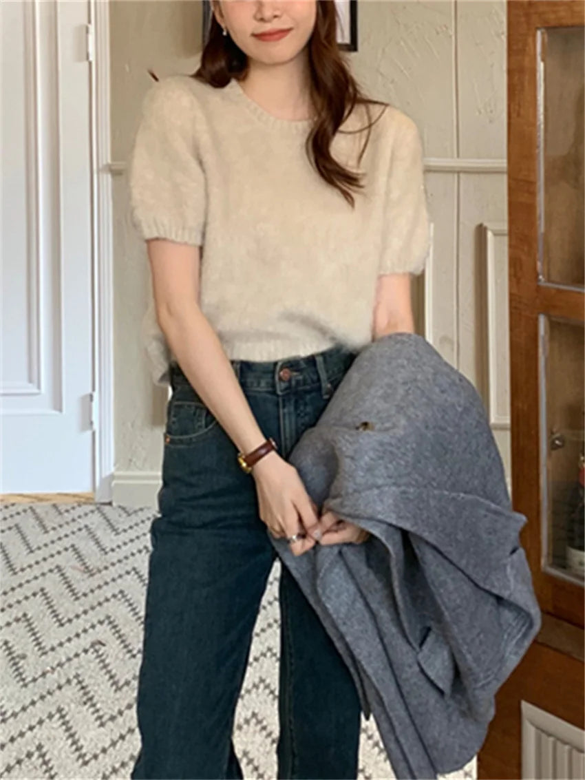 LIZAKOSHT  -  Chic Women Jumpers Knitted Solid Warm Spring  Loose Sweet Short Sleeve Sweaters Pullovers Bottoming Fashion Slim
