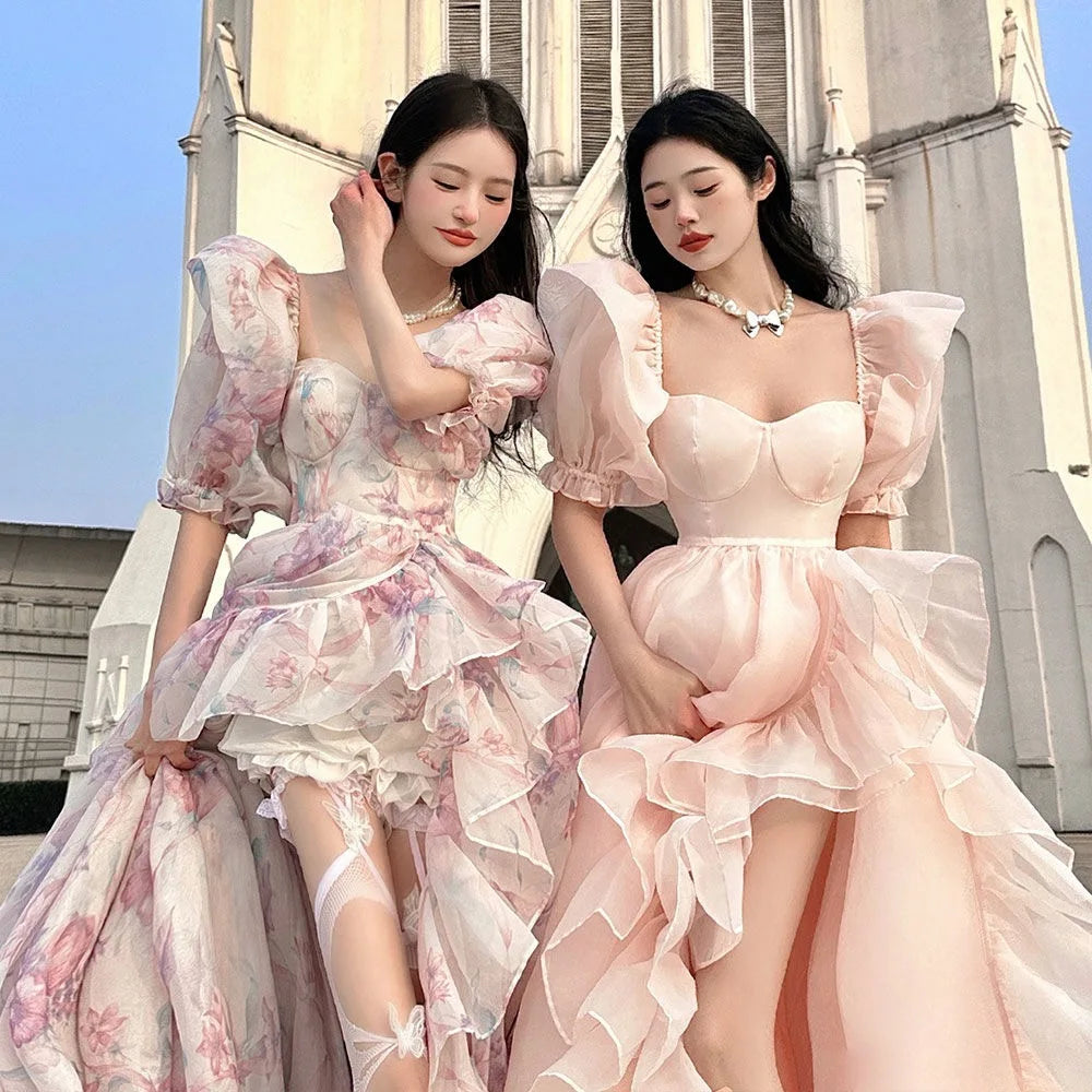 LIZAKOSHT  -  Pink Princess Dress Women Elegant Square Collar Puff Sleeve Mesh Party Dress High Waist Birthday Party Dress Fashion Prom Dress