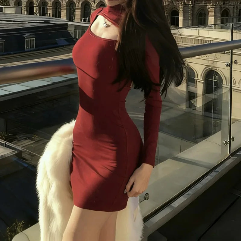 LIZAKOSHT  -  Korean Simple Style Red Flame Burgundy Deconstruction Hollow Backless Hip Dress 2026 Spring New