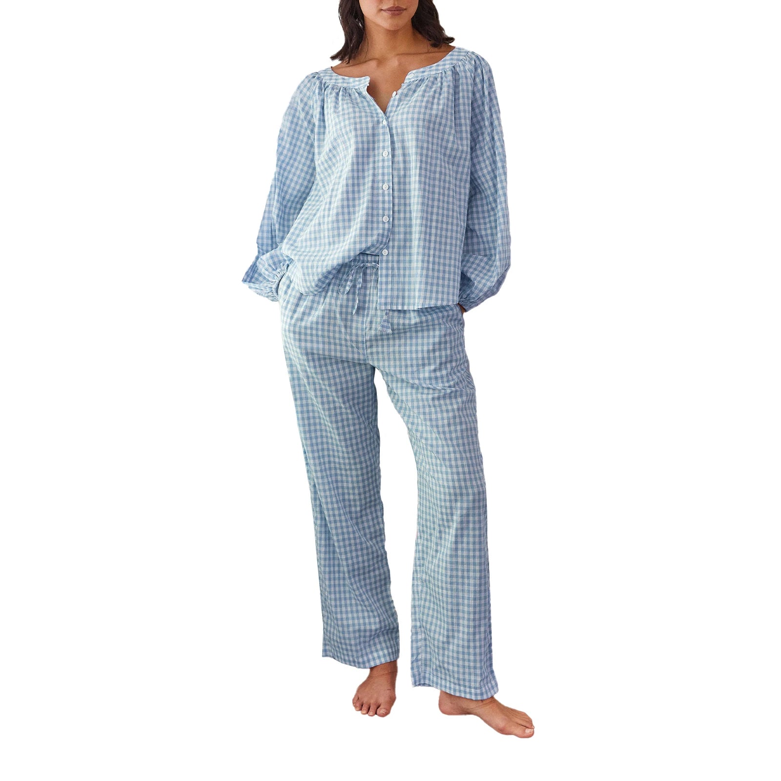 LIZAKOSHT  -  Women s Cozy Plaid Print Pajama Set with Long Lantern Sleeves and Elastic Waistband - Button Down Top and Lounge Pants for Fall
