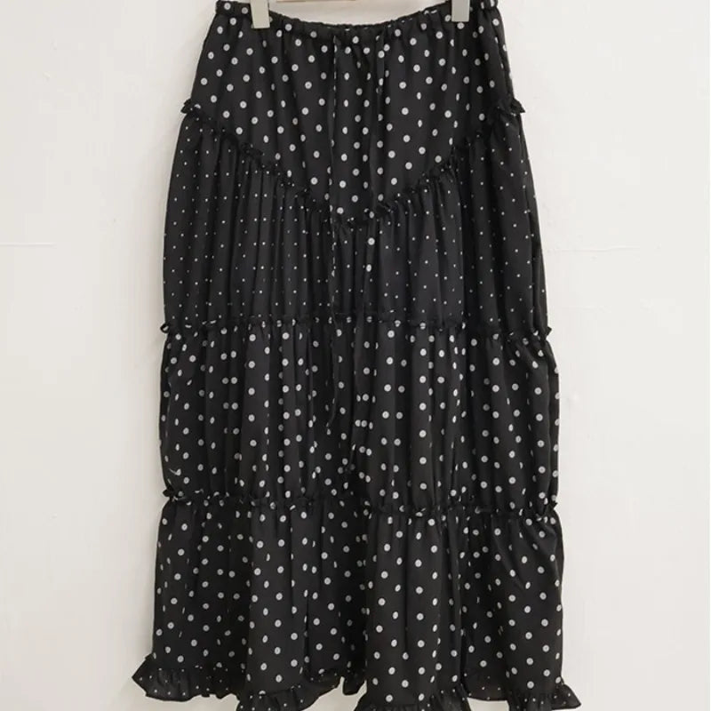 LIZAKOSHT  -  Mint Green Polka Dot Half Skirt with Lace Splicing Retro  Style Korean Waist Design Polyester Fabric H-Shape Long Skirt