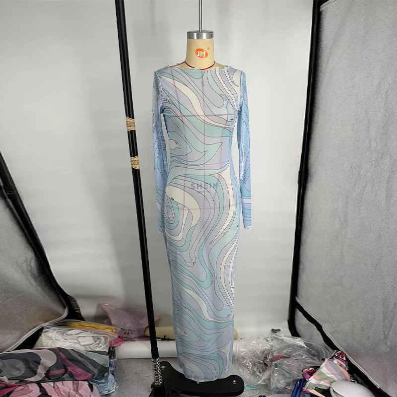 LIZAKOSHT  -  Sexy Women's Sheer Mesh Bodycon Maxi Dress Chic Print Sleeveless Slim Fit Beach Vacation Long Dresses Casual Daily Female Outfit