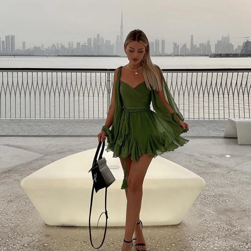 LIZAKOSHT  -  solid Irregular Ruffle print Halter Dresses Summer New Sleeveless Off Shoulder Holiday Robes Women Chic Highstreet Beach Dresses