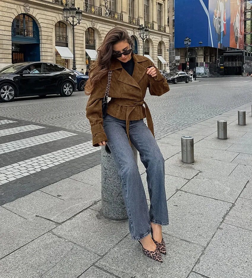 LIZAKOSHT  -  Vintage Suede Coats Women Aututmn Winter Turn-down Collar Brown Outerwears with Belt Office Lady Double Breasted Jackets